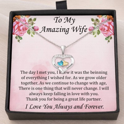 Personalised To My Wife Heart Shaped Name Necklace with Birthstones Wedding Anniversary Gifts Christmas Gifts for Wife