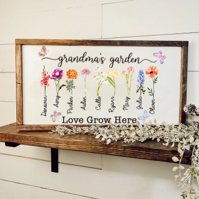 Personalised Birth Month Flower Family Name Sign Gift for Grandma Mum