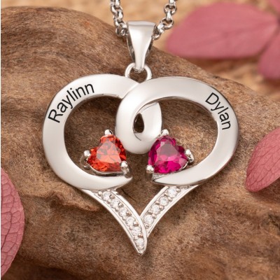 Personalised Heart Aries Shaped Couple Necklace With Names and Birthstones Unique Gifts For Girlfriend Birthday Keepsake Gifts For Wife Special Valentine's Day Gift