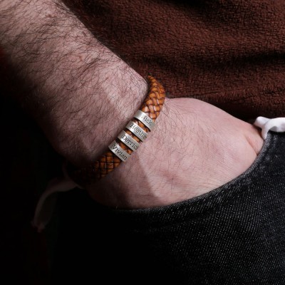 Custom Men Engraved Name Leather Bracelet With Silver Beads Father's Day Gift Meaningful Gift for Dad