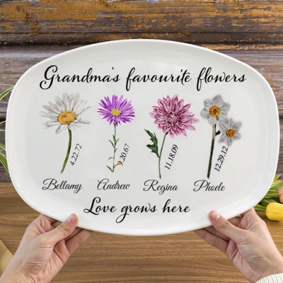 Personalised Grandma's Favorite Flowers Plate Birth Month Flower Platter with Kids Names Gift for Grandma Mum