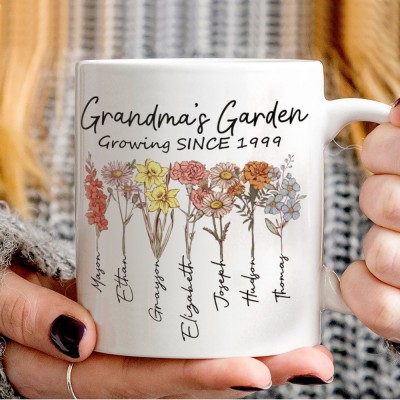 Personalised Grandma's Garden Birth Month Flower Mug with Family Names Gifts Ideas for Grandma Mum