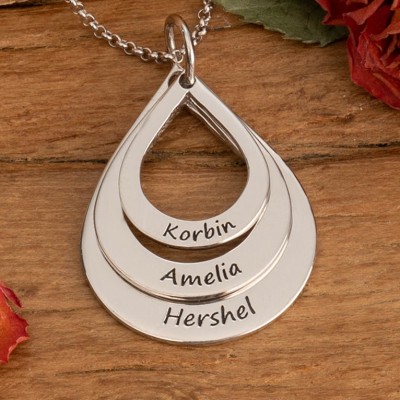 Silver Personalised Teardrop Shaped Mum Necklace With Engraved Kids Names Unique Family Gifts For Wife Birthday Gift For Mum Grandma Mother's Day Gift Ideas