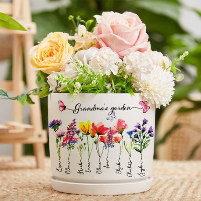 Personalised Grandma's Garden Birth Flower Plant Pot with Grandkids Names Birthday Gifts For Grandma Mum