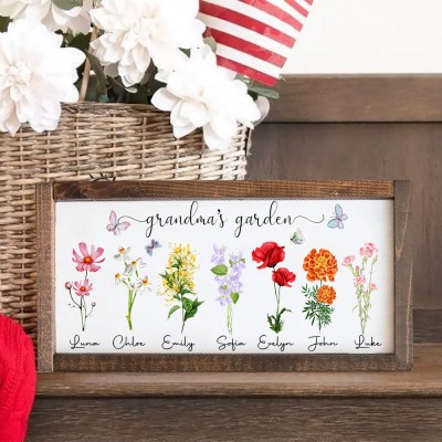 Personalised Grandma's Garden Birth Flower Wood Frame Sign with Grandkids Names Gift Ideas for Grandma Mum Christmas Gifts Mother's Day Gifts