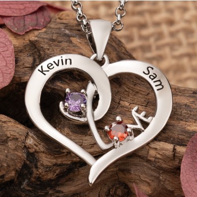 Personalised Heart Shaped Necklace with 2 Names and Birthstones Love Gift Ideas for Girlfriend Wife Couple Gifts for Her