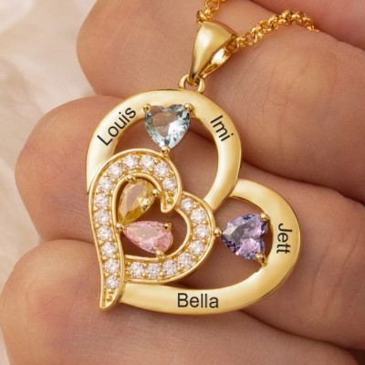 Personalised Heart Shaped Engraved Names Necklace With Birthstones Design Unique Family Gift For Mum Birthday Gift For Wife Special Mother's Day Gift For New Mum
