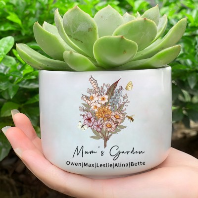 Custom Mum's Garden Outdoor Plant Pot With Birth Flower Bouquet And Kids Names Gift For Mum Grandma Mother's Day Gift Ideas