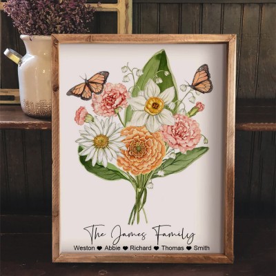 Personalised Family Flower Bouquet Art Print with Kids Names Gifts for Grandma Mum Nana Christmas Gifts