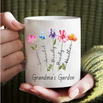 Custom Birth Flower Mug with Kids Names Grandma's Garden Gift Ideas Christmas Gifts for Mum Grandma