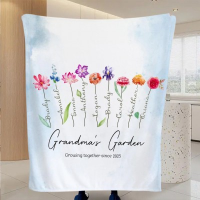 Personalised Grandma's Garden Blanket with Family Month Flower Art Print Gift for Grandma Mum