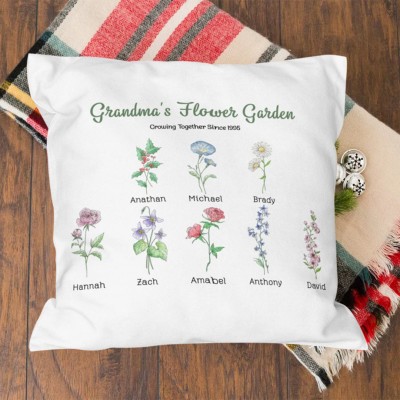 Grandma's Flower Garden Custom Pillow with Grandkids Names Gift for Mum Grandma
