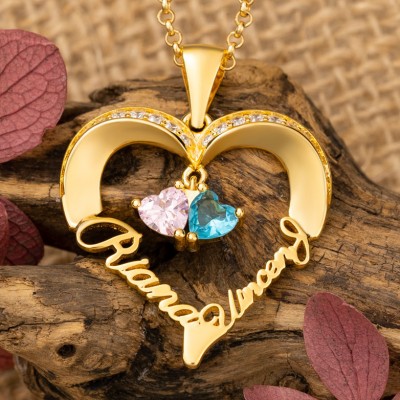 Personalised 2 Names Birthstones Heart Shape Necklace Anniversary Gift Ideas For Soulmate Wife Girlfriend Her