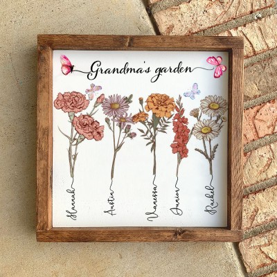 Custom Grandma's Garden Art Print Birth Flower Frame With Grandkids Names Unique Gift For Mum Grandma
