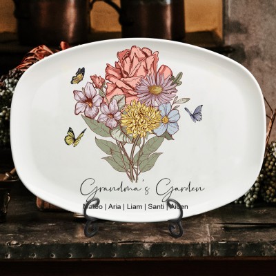 Personalised Grandma's Garden Birth Flower Bouquet Platter Keepsake Gift For Mum Grandma Mother's Day Gift