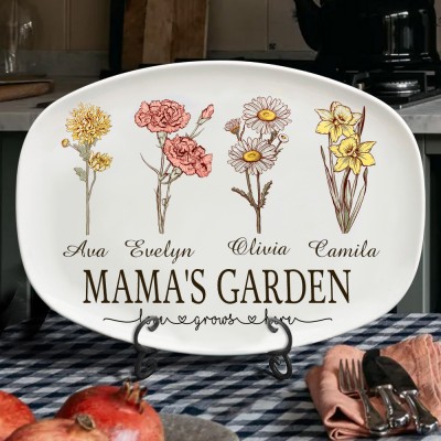 Personalised Mama's Garden Birth Flower Platter with Kids Names Family Gift Meaningful Gifts for Mama Grandma