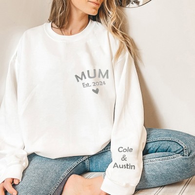 Personalised Mum Sweatshirt with Kids Name on Sleeve Mother's Day Gift Ideas New Mum Heartful Gifts