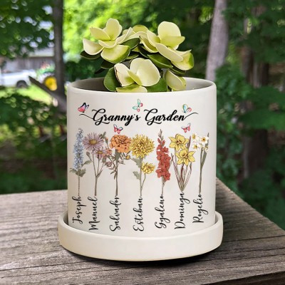 Custom Granny's Garden Outdoor Plant Pots With Birth Flowers And Names Personalised Gift For Mum Grandma Mother's Day Gift