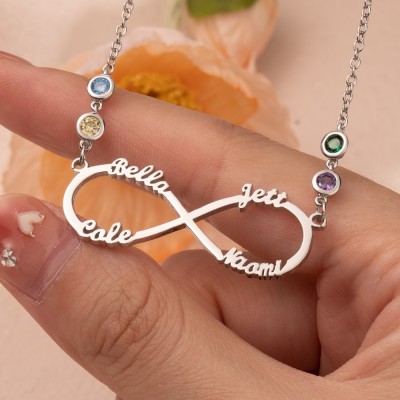Personalised Infinity Name Birthstones Necklace Family Gift For New Mum Wife Grandma Girlfriend Her