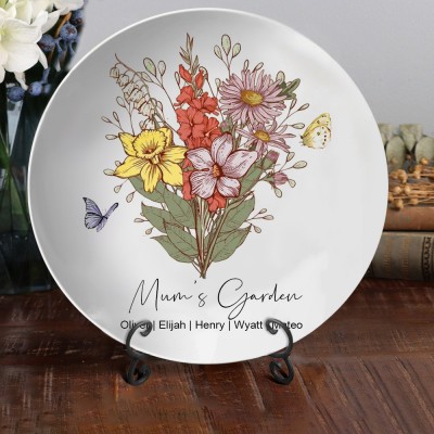 Custom Mum's Garden Birth Flower Bouquet Platter With Kids Names Love Gift For Mum Grandma Mother's Day Gift Ideas