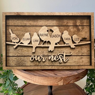 Personalised Our Nest Family Bird Frame Wood Family Sign with Kids Names Gift for Mum Grandma 