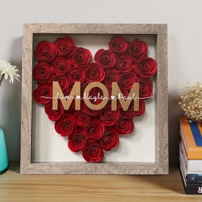 Handmade Heart Paper Flower Mum Shadow Box with Kids Names Gift for Grandma 