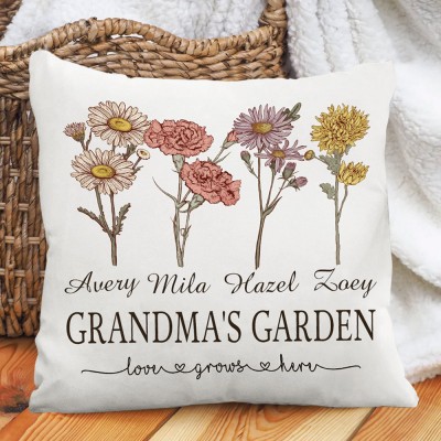 Custom Grandma's Garden Family Birth Flower Pillow Engraved with Names Gifts for Mum Grandma Mother's Day Gift 