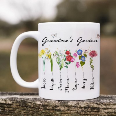 Custom Grandma With Grandkids' Names and Birth Month Flowers Mug Grandma's Garden Mug Gift Ideas for Mum Grandma