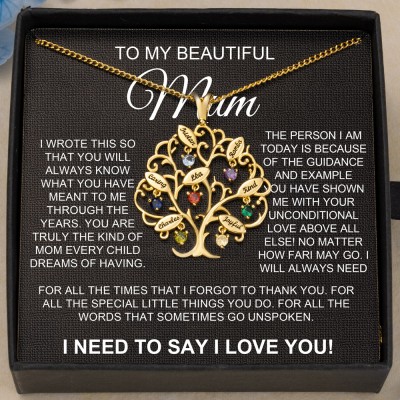 Personalised To My Beautiful Mum Tree of Life Family Necklace With Engraved Names And Birthstones  Unique Family Gift For Mum Grandma Mother's Day Gift Ideas Baby Shower Gift