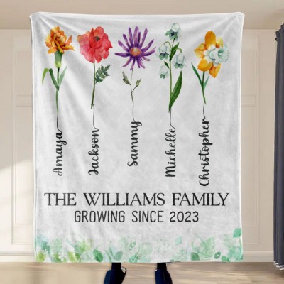 Birth Month Flower Sherpa or Fleece Blanket with Family Name Personalised Gift for Mum Grandma