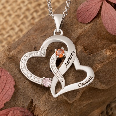 Personalised Double Heart Necklace With 2 Names & Birthstones Gifts for Anniversary Valentine's Day