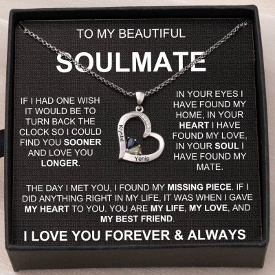 Personalised To My Soulmate Heart Shaped 2 Names and Birthstones Necklace Anniversary Gifts for Soulmate Girlfriend