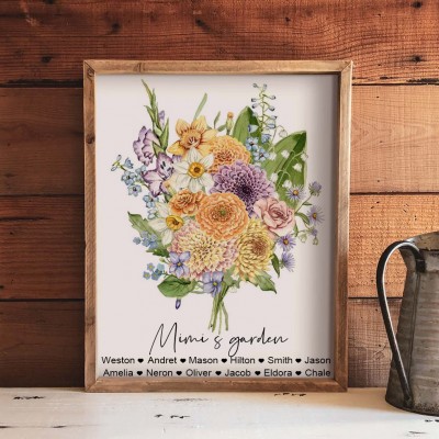 Personalised Mimi's Garden Birth Month Flowers Bouquet Names Art Print Gifts For Grandma Mum Wife Her