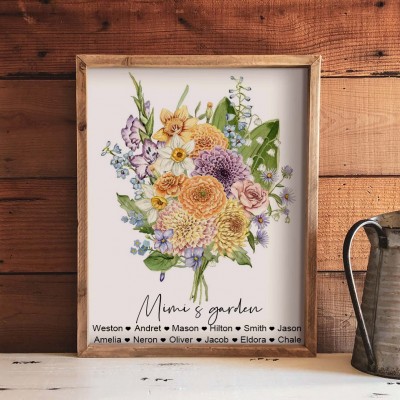 Custom Mimi's Garden Birth Month Flowers Bouquet Art Print with Kids Names Gifts for Grandma Mimi Christmas Gifts for Mum