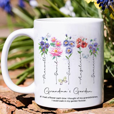 Grandma's Garden Birth Month Flower Mug with Kids Names Unique Gift for Grandma Mum Christmas Gift Ideas Mother's Day Gift