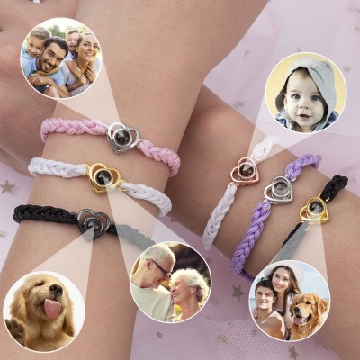 Personalised Heart Photo Projection Rope Family Bracelet Gift for Wife Mum Grandma Dad