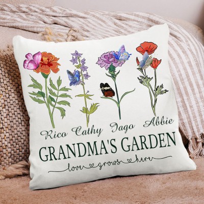Grandma's Garden Throw Pillow with Grandkids Names Family Birth Flower Pillow Personalised Gifts for Grandma Mum Home Decoration