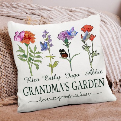 Grandma's Garden Throw Pillow with Grandkids Names Family Birth Flower Pillow Personalised Gifts for Grandma Mum Home Decoration