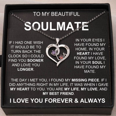 Personalised To My Soulmate Heart Shaped Couple Necklace With Engraved Names and Birthstones Design Unique Gift For Girlfriend Birthday Gift For Wife Valentine's Day Gift For Lover