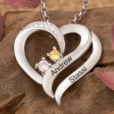 Personalised Names and Birthstones Couple Heart Shaped Necklace Anniversary Gifts For Soulmate Wife Girlfriend Her