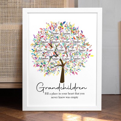 Personalised Family Tree Framed Print with Kids Names Love Gift Ideas for Grandma Mum New Home Gift Family Keepsake Gifts