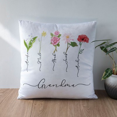 Personalised Birth Month Flower Grandma Pillow with Kids Names Mother's Day Gift