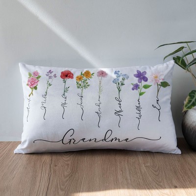 Personalised Birth Month Flower Grandma Pillow with Kids Names Mother's Day Gift