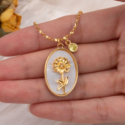 Personalised Birth Month Flower Mother Shell Gold Necklace With Birthstone Gift For Mum Her