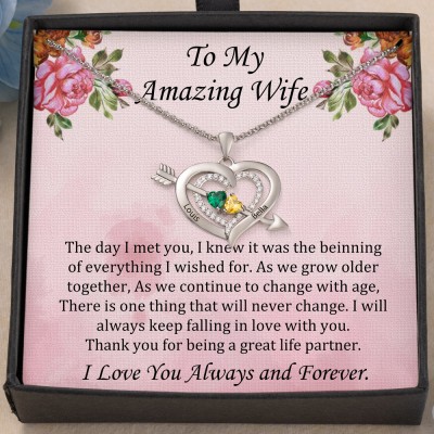Personalised To My Amazing Wife Cupid Arrow Heart Birthstone Necklace Wedding Anniversary Gift Ideas for Wife