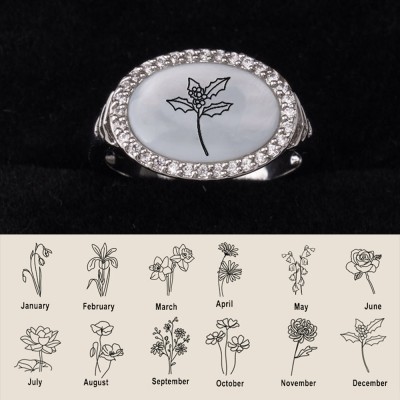 Personalised Shell Birth Flower Ring Floral Signet Ring Mother's Day, Christmas Gift