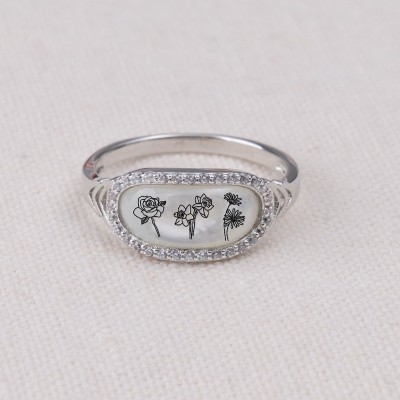 Personalised Shell Birth Flower Ring Floral Signet Ring Mother's Day, Christmas Gift