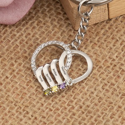 Personalised 1-6 Engraving Names Birthstone Heart Key Chain Family Gift For Mum Grandma