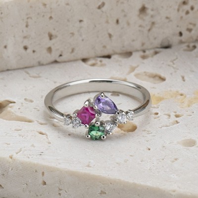Personalised Round Drop Square Birthstone Ring Valentine's Day Gift For Her Wife Mother's Day Gift For Mum Nana