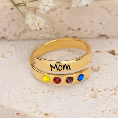 Personalised 1-8 Birthstones Wrap Name Ring Gift For Her Mum Nana